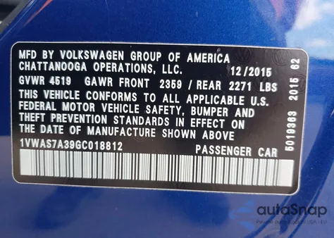 2016 Volkswagen Passat 1.8T S z USA, uszkodzony, nr VIN 1VWAS7A39GC018812